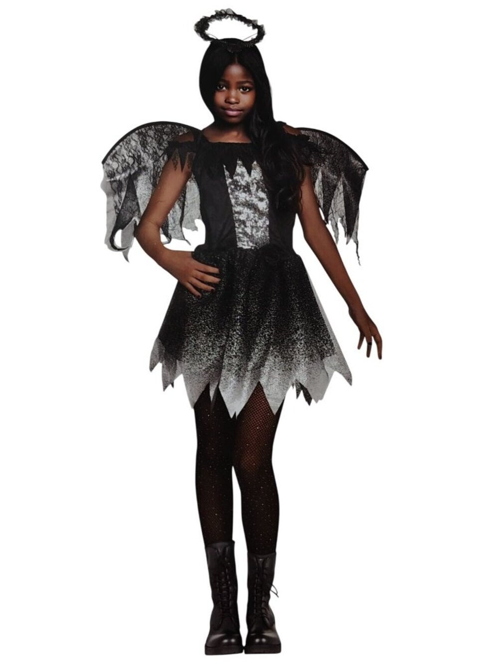 Girls Medium Dark Angel Costume Size 7 8 Black Silver Dress Wings Halo Headband